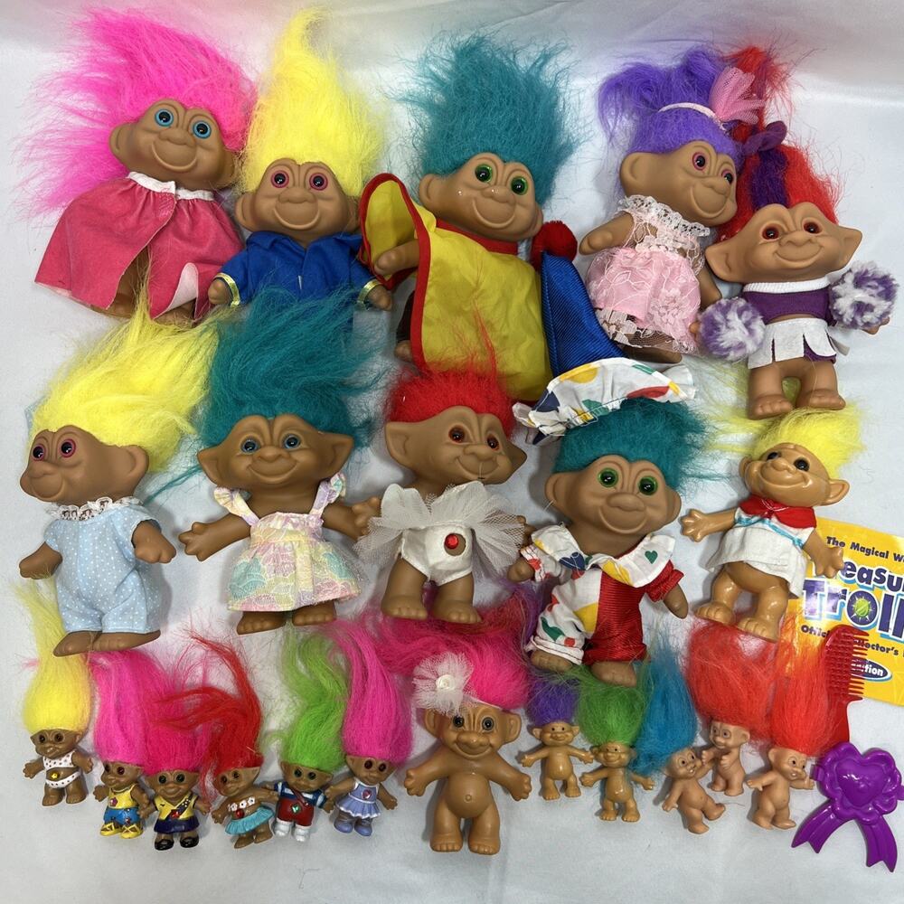 Vintage 1990s Troll Dolls Lot of 22 Ace TNT Acme Treasure Trolls Russ Clothes